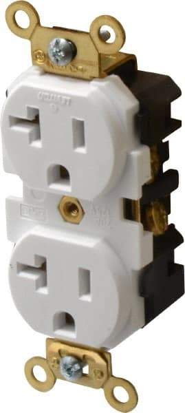 Leviton - 125 VAC, 20 Amp, 5-20R NEMA Configuration, White, Industrial Grade, Self Grounding Duplex Receptacle - 1 Phase, 2 Poles, 3 Wire, Flush Mount, Tamper Resistant - USA Tool & Supply