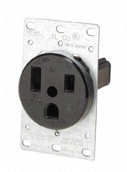 Leviton - 125 VAC, 50 Amp, 5-50P NEMA Configuration, Black, Industrial Grade, Self Grounding Single Receptacle - 1 Phase, 2 Poles, 3 Wire, Flush Mount, Tamper Resistant - USA Tool & Supply