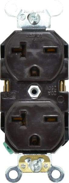 Leviton - 250 VAC, 20 Amp, 6-20R NEMA Configuration, Brown, Industrial Grade, Self Grounding Duplex Receptacle - 1 Phase, 2 Poles, 3 Wire, Flush Mount, Impact and Tamper Resistant - USA Tool & Supply