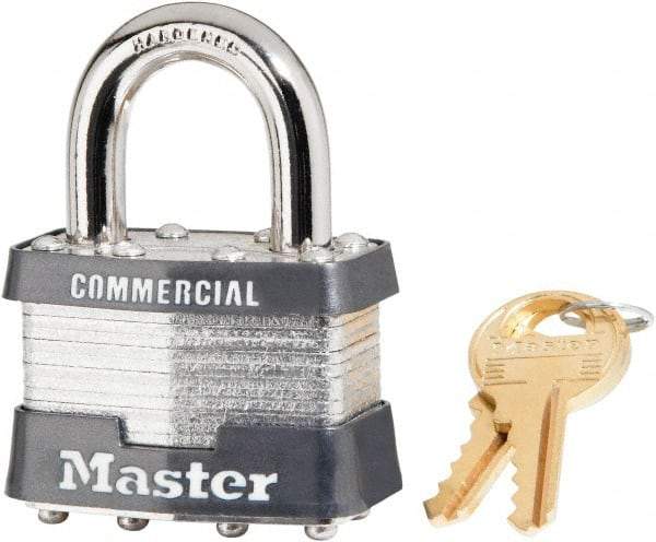 Master Lock - 15/16" Shackle Clearance, Keyed Alike Laminated Steel Padlock - 5/16" Shackle Diam, Steel - USA Tool & Supply