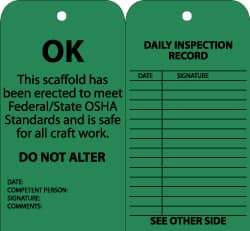 NMC - 3" High x 6" Long, OK - DO NOT ALTER, English Safety & Facility Inspection Tag - Tag Header: Notice, 2 Sides, Black & Green Cardstock - USA Tool & Supply
