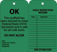NMC - 3" High x 6" Long, OK - DO NOT ALTER, English Safety & Facility Inspection Tag - Tag Header: Notice, 2 Sides, Black & Green Cardstock - USA Tool & Supply