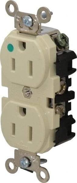 Leviton - 125 VAC, 15 Amp, 5-15R NEMA Configuration, Ivory, Hospital Grade, Self Grounding Duplex Receptacle - 1 Phase, 2 Poles, 3 Wire, Flush Mount, Impact Resistant - USA Tool & Supply