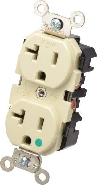 Leviton - 125 VAC, 20 Amp, 5-20R NEMA Configuration, Ivory, Hospital Grade, Self Grounding Duplex Receptacle - 1 Phase, 2 Poles, 3 Wire, Flush Mount, Impact Resistant - USA Tool & Supply