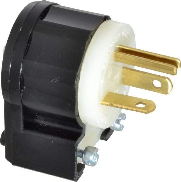 Leviton - 125 VAC, 20 Amp, 5-20P NEMA, Angled, Self Grounding, Industrial Grade Plug - 2 Pole, 3 Wire, 1 Phase, Nylon, Black, White - USA Tool & Supply