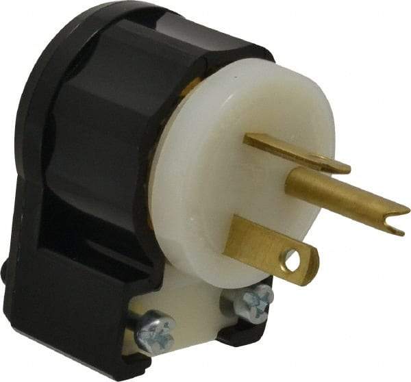 Leviton - 250 VAC, 20 Amp, 6-20P NEMA, Angled, Self Grounding, Industrial Grade Plug - 2 Pole, 3 Wire, 1 Phase, Nylon, Black, White - USA Tool & Supply