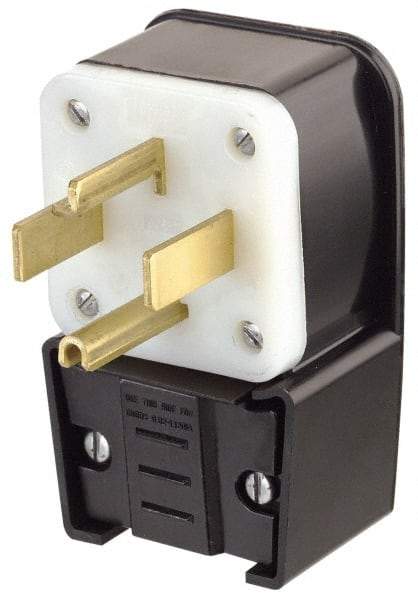 Leviton - 125/250 VAC, 30 Amp, 14-30P NEMA, Angled, Self Grounding, Industrial Grade Plug - 3 Pole, 4 Wire, 1 Phase, Nylon, Black - USA Tool & Supply