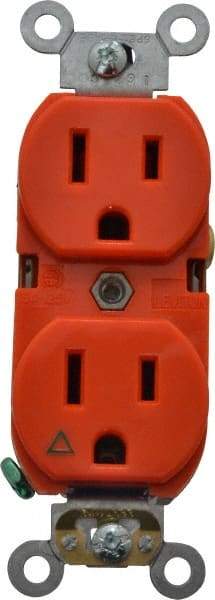 Leviton - 125 VAC, 15 Amp, 5-15R NEMA Configuration, Orange, Industrial Grade, Isolated Ground Duplex Receptacle - 1 Phase, 2 Poles, 3 Wire, Flush Mount, Tamper Resistant - USA Tool & Supply