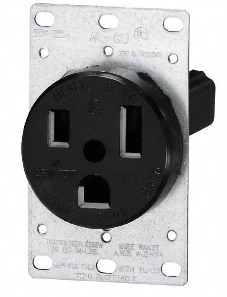 Leviton - 250 VAC, 60 Amp, 15-60R NEMA Configuration, Black, Industrial Grade, Self Grounding Single Receptacle - 1 Phase, 3 Poles, 4 Wire, Flush Mount, Tamper Resistant - USA Tool & Supply