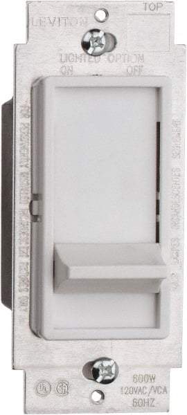 Leviton - 1 Pole, 120 VAC, 60 Hz, 600 Watt, Residential Grade, Slide Switch, Wall and Dimmer Light Switch - 1.73 Inch Wide x 4.13 Inch High, Incandescent - USA Tool & Supply