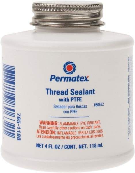 Permatex - 4 oz Brush Top Can White Thread Sealant - PTFE Based, 300°F Max Working Temp, For Use with Fittings - USA Tool & Supply