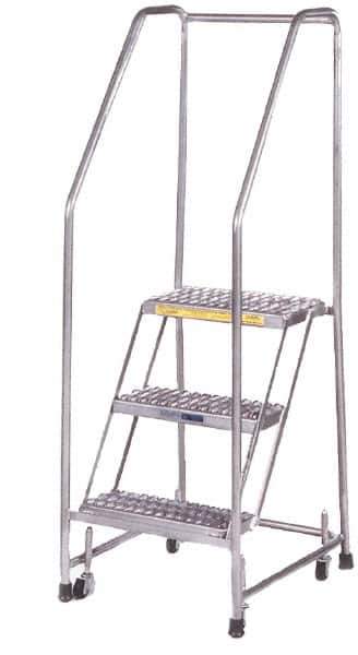 Ballymore - 58-1/2" 3 Step Ladder - Rolling Safety Ladder, 300 Lb Capacity, 28-1/2" Platform Height, 20" Base Width x 25" Depth, Heavy-Duty Serrated Grating - USA Tool & Supply