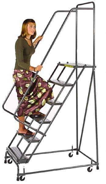 Ballymore - 93" 6 Step Ladder - Spring Loaded Rolling Safety Ladder, 450 Lb Capacity, 60" Platform Height, 30" Base Width x 49" Depth, Expanded Metal Tread - USA Tool & Supply