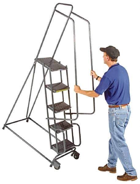 Ballymore - 78" 5 Step Ladder - Tilt & Roll Safety Ladder, 450 Lb Capacity, 47-1/2" Platform Height, 20" Base Width x 42" Base Depth, Heavy-Duty Serrated Grating - USA Tool & Supply