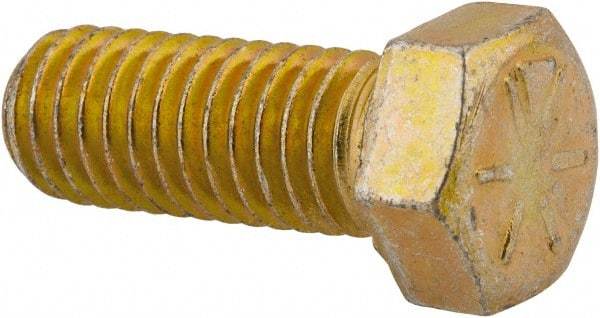 Made in North America - 7/16-14 UNC, 1-1/8" Length Under Head Hex Head Cap Screw - Fully Threaded, Grade 8 Alloy Steel, Zinc Yellow Dichromate Finish, 5/8" Hex - USA Tool & Supply