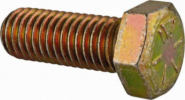 Made in North America - 1/2-13 UNC, 1-3/8" Length Under Head Hex Head Cap Screw - Fully Threaded, Grade 8 Alloy Steel, Zinc Yellow Dichromate Finish, 3/4" Hex - USA Tool & Supply