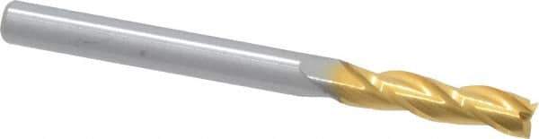 Hertel - 1/8", 1/2" LOC, 1/8" Shank Diam, 1-1/2" OAL, 3 Flute, Solid Carbide Square End Mill - Single End, TiN Finish, Spiral Flute, 30° Helix, Centercutting, Right Hand Cut - USA Tool & Supply