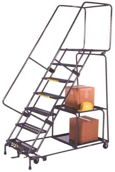 Ballymore - 103" 7 Step Ladder - Safety Stock Picking Ladder, 450 Lb Capacity, 70" Platform Height, 30" Base Width x 55" Depth, Expanded Metal Tread - USA Tool & Supply