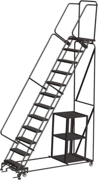 Ballymore - 153" 12 Step Ladder - Safety Stock Picking Ladder, 450 Lb Capacity, 120" Platform Height, 32" Base Width x 87" Depth, Perforated Tread - USA Tool & Supply