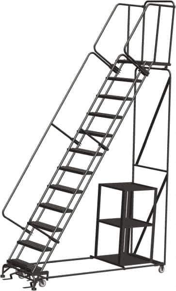 Ballymore - 153" 12 Step Ladder - Safety Stock Picking Ladder, 450 Lb Capacity, 120" Platform Height, 32" Base Width x 93" Depth, Expanded Metal Tread - USA Tool & Supply