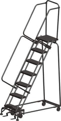 Ballymore - 103" 7 Step Ladder - Rolling Safety Ladder, 450 Lb Capacity, 70" Platform Height, 30" Base Width x 55" Depth, Heavy-Duty Serrated Grating - USA Tool & Supply