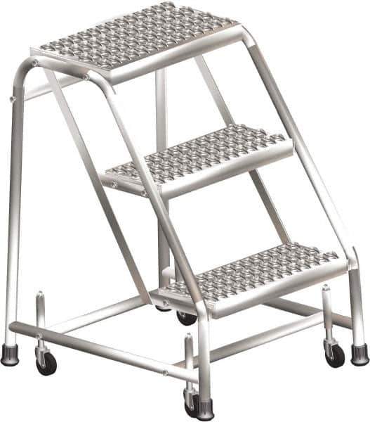 Ballymore - 28-1/2" 3 Step Ladder - Rolling Safety Ladder, 450 Lb Capacity, 28-1/2" Platform Height, 30" Base Width x 25" Depth, Heavy-Duty Serrated Grating - USA Tool & Supply