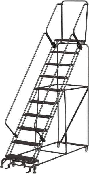 Ballymore - 133" 10 Step Stairway Slope Ladder - Rolling Safety Ladder, 450 Lb Capacity, 100" Platform Height, 32" Base Width x 97" Depth, Perforated Tread - USA Tool & Supply