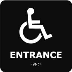 NMC - Entrance, 8" Wide x 8" High, Plastic Sign - English, Braille, White on Black, Wall Mount - USA Tool & Supply