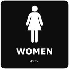 NMC - Women, 8" Wide x 8" High, Plastic Sign - English, Braille, White on Black, Wall Mount - USA Tool & Supply