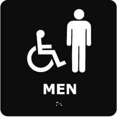 NMC - Men, 8" Wide x 8" High, Plastic Sign - English, Braille, White on Black, Wall Mount - USA Tool & Supply