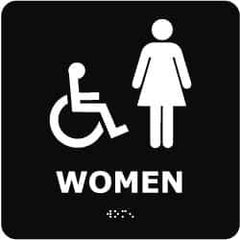 NMC - Women, 8" Wide x 8" High, Plastic Sign - English, Braille, White on Black, Wall Mount - USA Tool & Supply