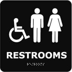 NMC - Restrooms, 8" Wide x 8" High, Plastic Sign - English, Braille, White on Black, Wall Mount - USA Tool & Supply