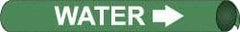 NMC - Pipe Marker with Water Legend and Arrow Graphic - 4-5/8 to 5-7/8" Pipe Outside Diam, White on Green - USA Tool & Supply