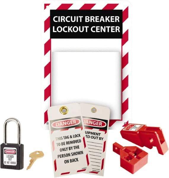 NMC - 5 Piece, Equipped Polystyrene Tag and Padlock / Hasp Station - 7 Inch Wide x 10 Inch High, Red, White and White on Black - USA Tool & Supply