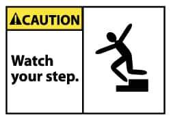 NMC - Accident Prevention Label, Header: CAUTION - Legend: Caution - Watch Your Step, English, Black, Yellow & White, 5" Long x 3" High, Sign Muscle Finish - USA Tool & Supply