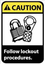 NMC - Accident Prevention Label, Header: CAUTION - Legend: Caution - Follow Lock-Out Procedures, English, Black, Yellow & White, 5" Long x 3" High, Sign Muscle Finish - USA Tool & Supply