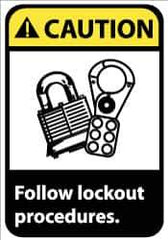NMC - Accident Prevention Label, Header: CAUTION - Legend: Caution - Follow Lock-Out Procedures, English, Black, Yellow & White, 5" Long x 3" High, Sign Muscle Finish - USA Tool & Supply
