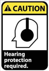 NMC - Accident Prevention Label, Header: CAUTION - Legend: Caution - Hearing Protection Required, English, Black, Yellow & White, 5" Long x 3" High, Sign Muscle Finish - USA Tool & Supply