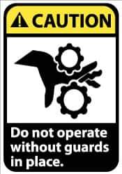 NMC - Accident Prevention Label, Header: CAUTION - Legend: Caution - Do Not Operate without Guards in Place, English, Black, Yellow & White, 5" Long x 3" High, Sign Muscle Finish - USA Tool & Supply