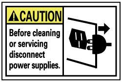 NMC - Accident Prevention Label, Header: CAUTION - Legend: Caution - Before Cleaning or Servicing Disconnect Power Supplies, English, Black, Yellow & White, 5" Long x 3" High, Sign Muscle Finish - USA Tool & Supply