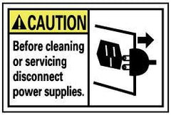 NMC - Accident Prevention Label, Header: CAUTION - Legend: Caution - Before Cleaning or Servicing Disconnect Power Supplies, English, Black, Yellow & White, 5" Long x 3" High, Sign Muscle Finish - USA Tool & Supply