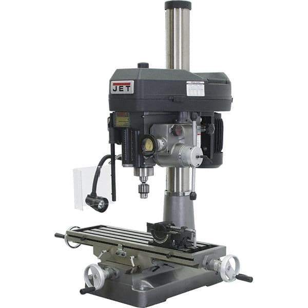 Jet - 1 Phase, 20-1/16" Swing, Step Pulley Mill Drill Machine - 31-3/4" Table Length x 9-1/2" Table Width, 20-1/2" Longitudinal Travel, 7" Cross Travel, 12 Spindle Speeds, 2 hp, 230 Volts - USA Tool & Supply