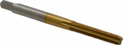 Made in USA - #10-32 UNF 2B 4 Flute TiN Finish High Speed Steel Straight Flute Standard Hand Tap - Bottoming, Right Hand Thread, 2-3/8" OAL, 7/8" Thread Length, H3 Limit, Oversize - Exact Industrial Supply