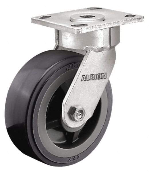 Albion - 5" Diam x 2" Wide x 6-1/2" OAH Top Plate Mount Swivel Caster - Soft Rubber, 375 Lb Capacity, Precision Sealed Bearing, 4 x 4-1/2" Plate - USA Tool & Supply