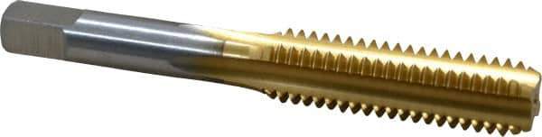 Made in USA - 7/16-14 UNC 4 Flute TiN Finish High Speed Steel Straight Flute Standard Hand Tap - Bottoming, Right Hand Thread, 3-5/32" OAL, 1-7/16" Thread Length, H3 Limit, Oversize - Exact Industrial Supply