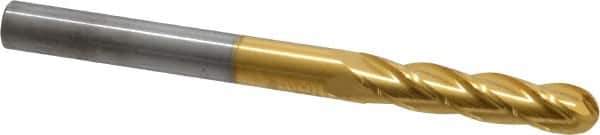 Hertel - 1/4" Diam, 1-1/8" LOC, 4 Flute Solid Carbide Ball End Mill - TiN Finish, Single End, 3" OAL, 1/4" Shank Diam - USA Tool & Supply