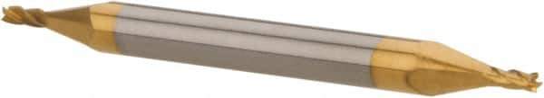 Hertel - 3/64", 3/32" LOC, 1/8" Shank Diam, 1-1/2" OAL, 4 Flute, Solid Carbide Square End Mill - Double End, TiN Finish, 30° Helix, Centercutting, Right Hand Cut - USA Tool & Supply