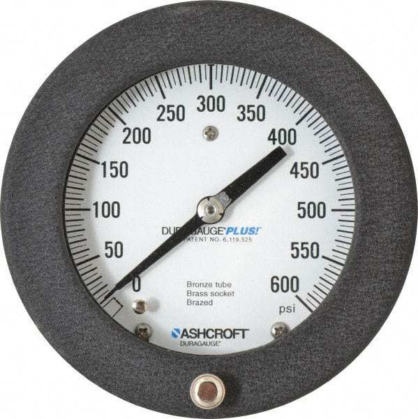 Ashcroft - 4-1/2" Dial, 1/4 Thread, 0-600 Scale Range, Pressure Gauge - Center Back Connection Mount, Accurate to 0.5% of Scale - USA Tool & Supply