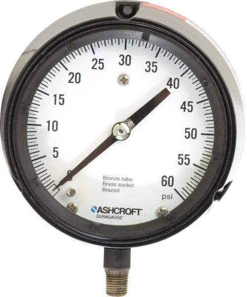 Ashcroft - 4-1/2" Dial, 1/4 Thread, 0-60 Scale Range, Pressure Gauge - Lower Connection, Rear Flange Connection Mount, Accurate to 0.5% of Scale - USA Tool & Supply