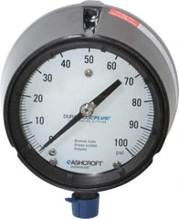 Ashcroft - 4-1/2" Dial, 1/2 Thread, 0-100 Scale Range, Pressure Gauge - Lower Connection, Rear Flange Connection Mount, Accurate to 0.5% of Scale - USA Tool & Supply